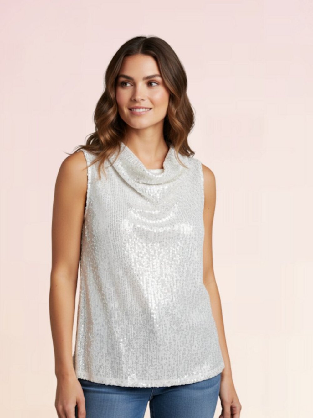 Cable & Gauge Size L Sleeveless Party Top Women white Sequin Keyhole Back Neck